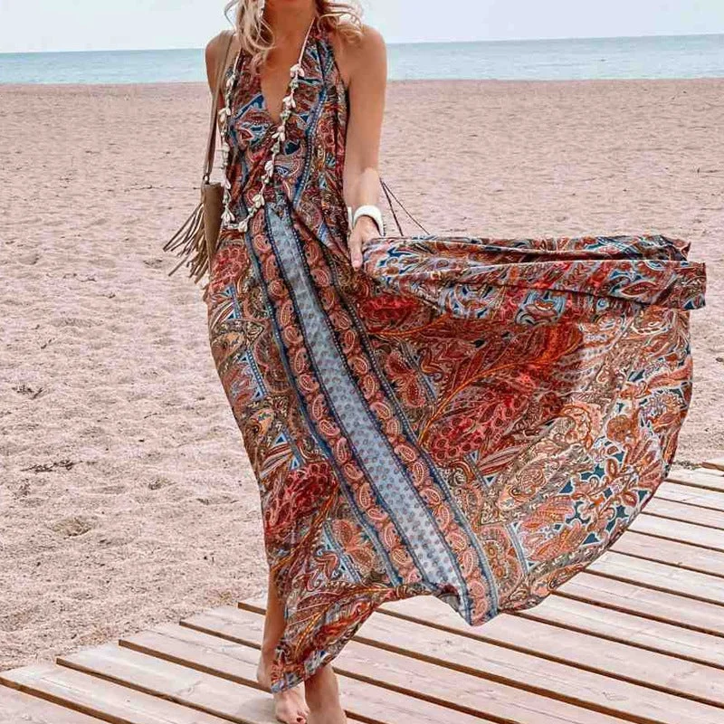 Printed neck V-neck Bohemian dress Linen floral dresses