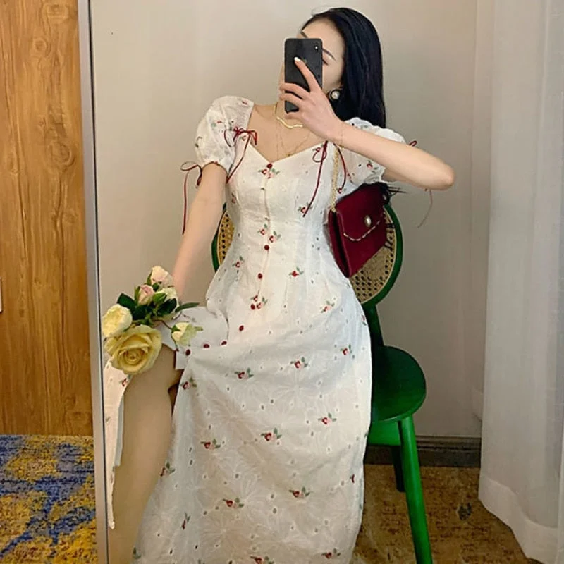 French Sweet Fairy Dress Summer Floral Women Vintage Split Dress Kawaii Korean Style Casual Party Evening Elegant Dress Zara floral dresses