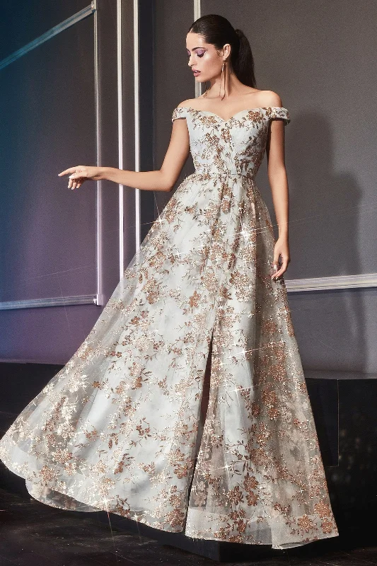 Glitter Print Off Shoulder Gown by Cinderella Divine CB069 Y2K floral dresses