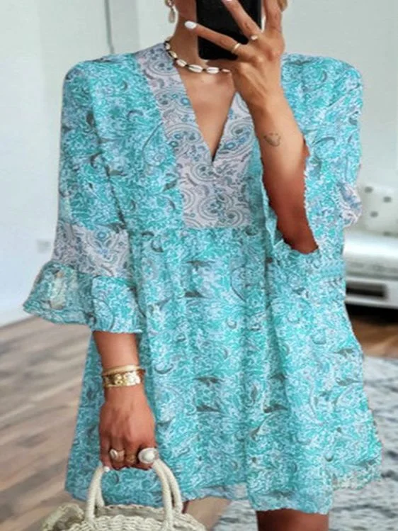 New Style Loose Women's Sleeved Chiffon Print Dress Stretchy floral dresses