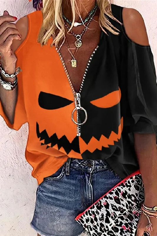 Pbong - Orange Casual Print Patchwork Zipper V Neck Tops Hot new arrivals in floral dresses