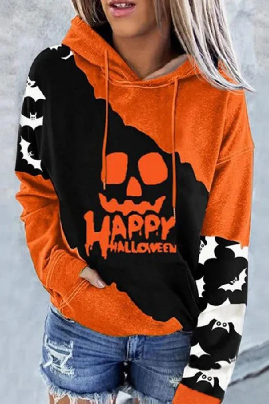 Pbong - Orange Casual Skull Head Print Patchwork Hooded Collar Tops Flattering floral dresses for all body types