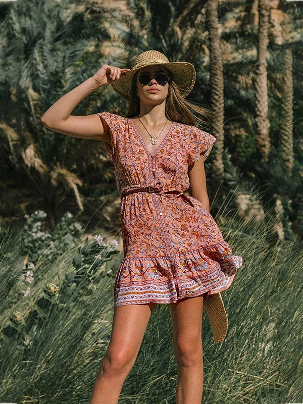 Spring and Summer New Beach Dress Printed Single-row V Collar Short-sleeved Bohemian Dress Anniversary floral dresses