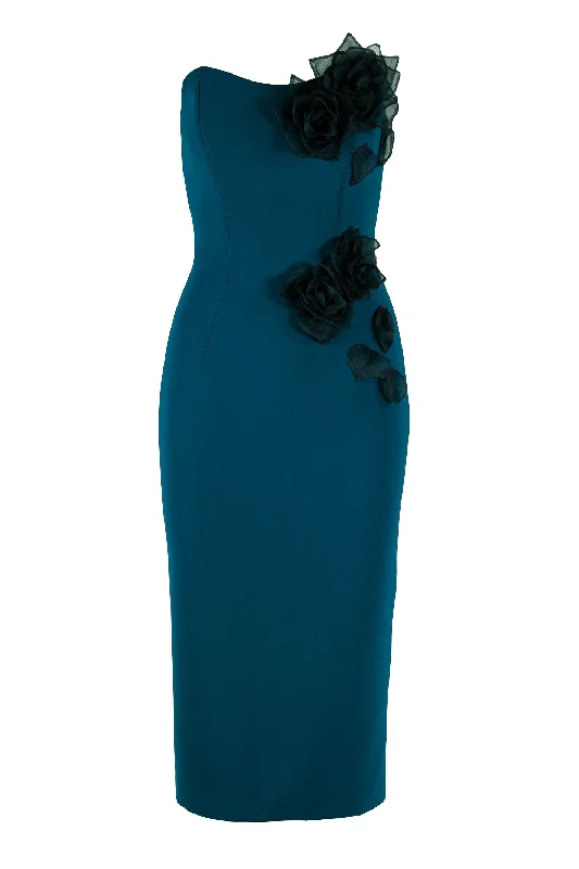 STRAPLESS DRESS WITH SILK FLORAL APPLIQUES Minimalist floral dresses