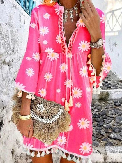 Summer New Style Printed Daisy Ruffled Fringed V-neck Dress Fashion Nova floral dresses