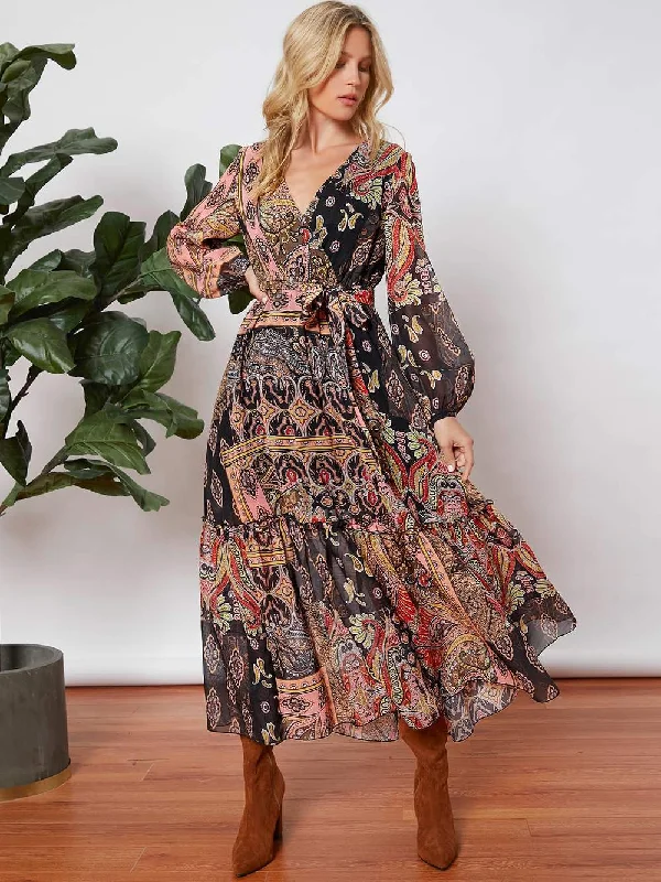 ALLOVER PRINT LANTERN SLEEVE BELTED DRESS Women's unclassified dresses