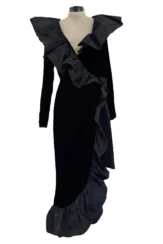 Amazing Fall 1984 Yves Saint Laurent Runway Silk Taffeta Ruffle & Velvet Wrap Dress Budget-friendly unclassified dresses