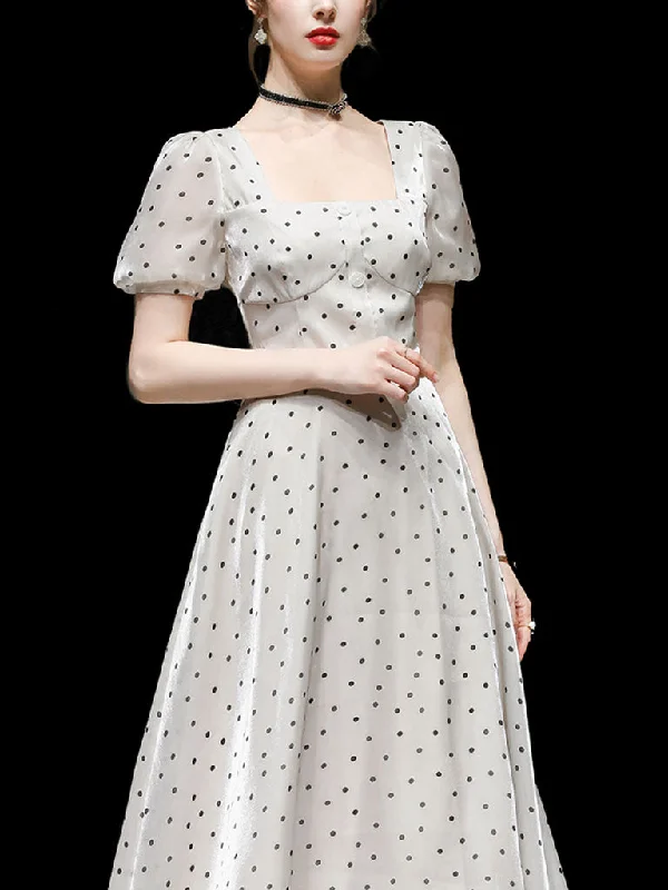 Apricot Polka Dots Puff Sleeve Vintage Style 1950S Dress Summer unclassified dresses