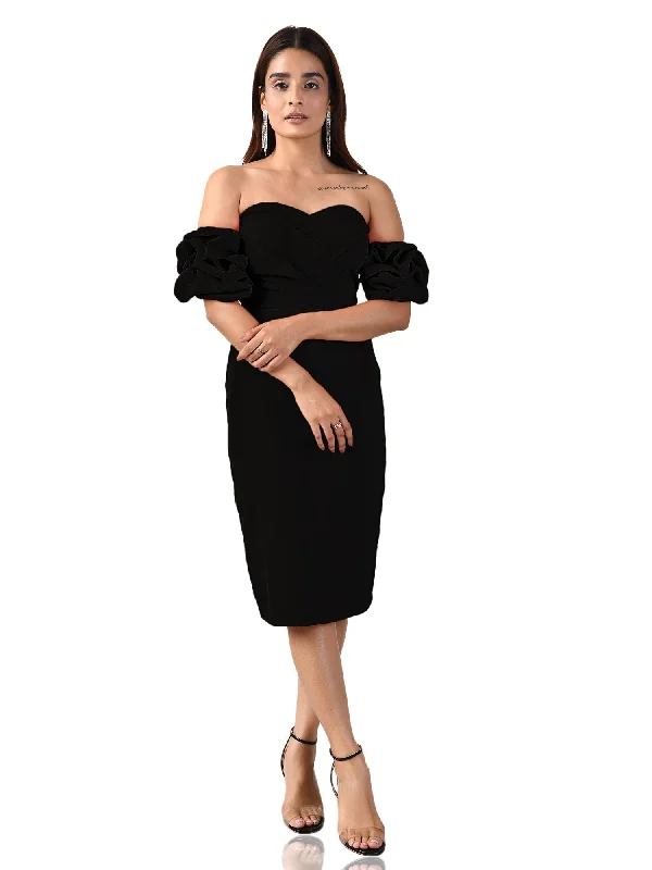 Attic Curves Black Squesh Balloon Ruffle Sleeve Dress One-shoulder unclassified dresses