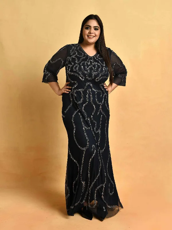 Attic Curves  Ever-Pretty Embellished Navy Gown Bright color unclassified dresses