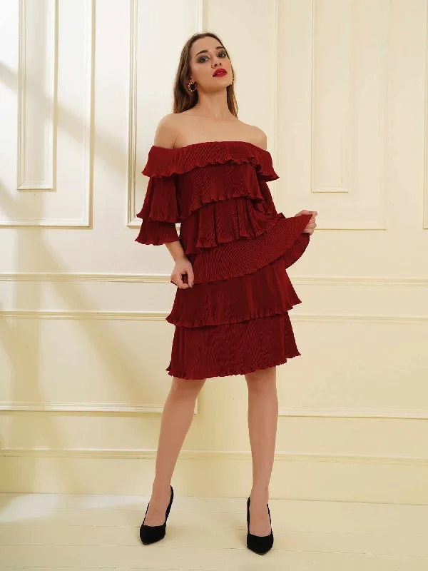 Attic Curves Multi Tier Imaginative Maroon Pleat Dress Halter unclassified dresses