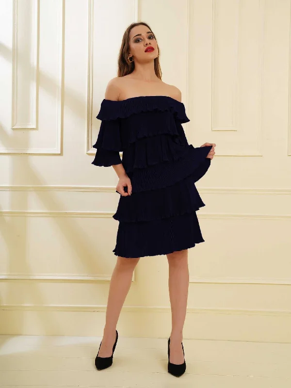 Attic Curves Multi Tier Imaginative Navy Pleat Dress Boho unclassified dresses