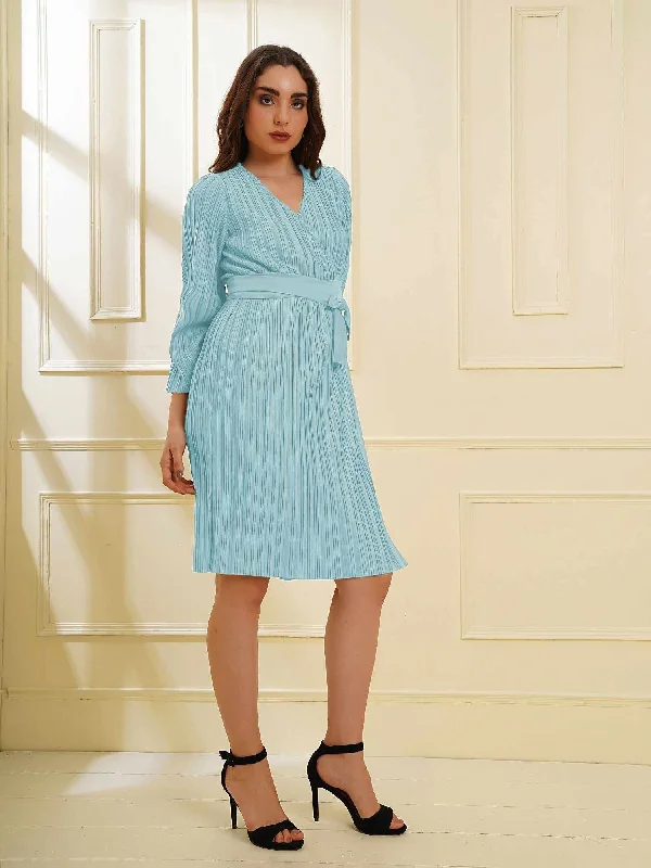 Attic Curves Pleated Blue Wrap Knit Dress Cotton unclassified dresses