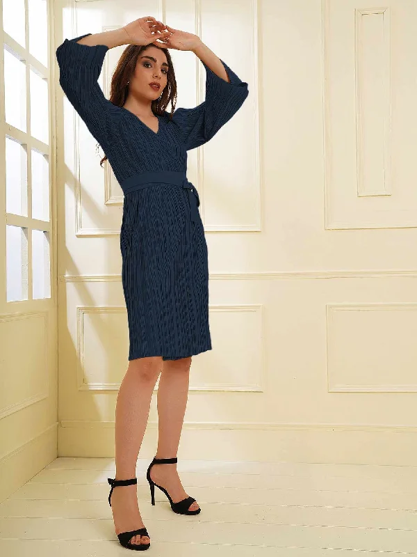 Attic Curves Pleated Navy Wrap Knit Dress Trendy new unclassified dresses