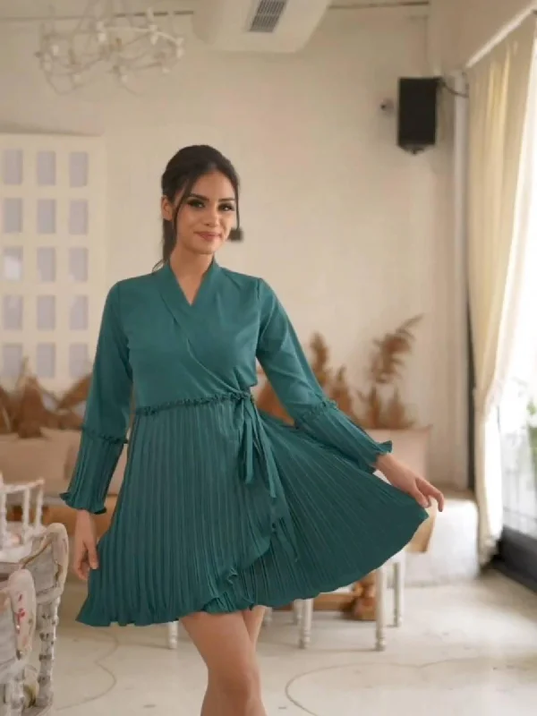 Attic Curves Pleated Wrap Teal Dress Trendy unclassified dresses