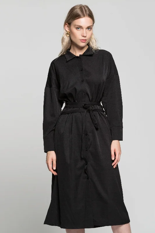 Black Button Up Jacket Dress with Criss Cross Strap Belt Formal unclassified dresses