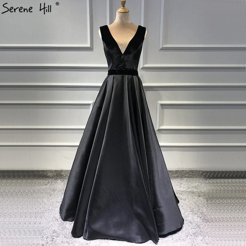 On Sale No Return No Refund  Sale Black Velour Sleeveless A-Line Sexy Evening Dresses 2024 Real Photo Deep-V Simple Formal Dress Serene Hill LA60951 Popular unclassified dresses