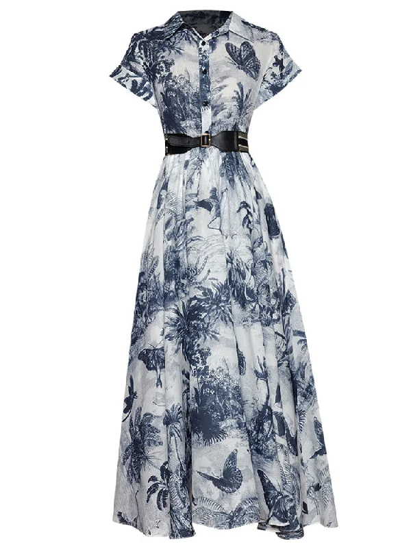 Blue Butterfly Print 1950S Vintage Dress With Belt Chic unclassified dresses