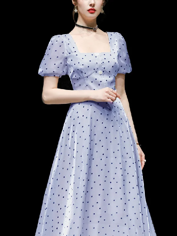 Blue Polka Dots Puff Sleeve Vintage Style 1950S Dress High-end unclassified dresses