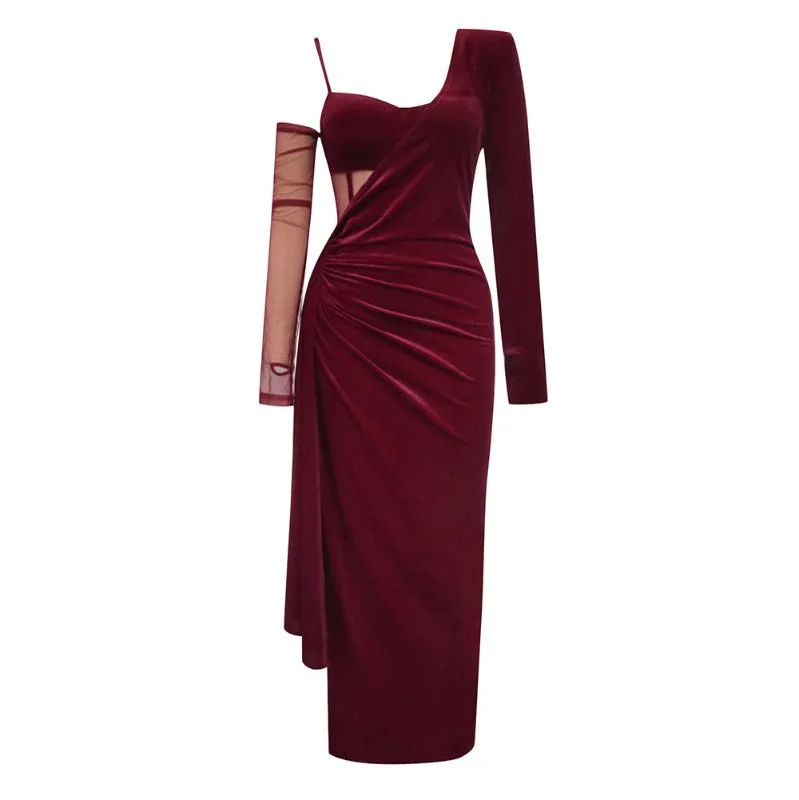 Cady Burgundy Velvet Corset Slit Prom Dress with Sleeves Wrap unclassified dresses