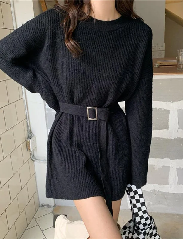 Crew-neck Baggy Belt Knit Dress Trendy new unclassified dresses