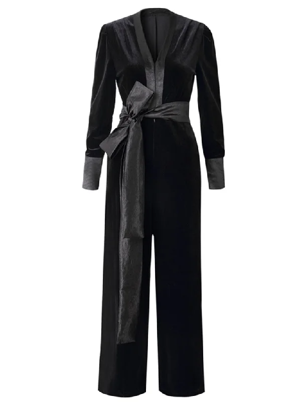 Deep V Neck Black Velvet Women‘s Jumpsuit Vintage Rompers Metallic unclassified dresses