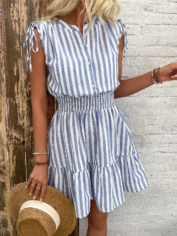 ESSNCE SUMMER BLUE WHITE STRIPED COTTON DRESS WITH SHOULDER PLEATS BOW BELT AND CINCHED WAIST FOR WOMEN Festival unclassified dresses