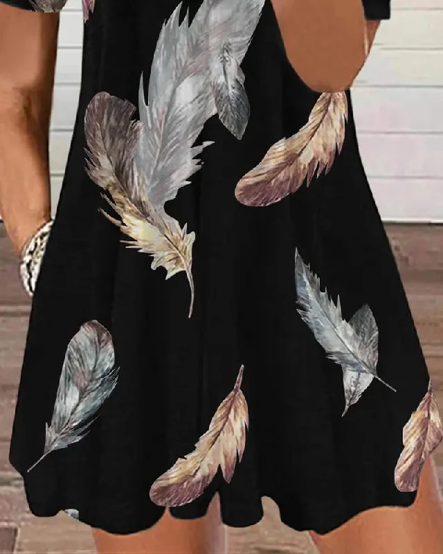 FEATHER PRINT COLD SHOULDER POCKET DESIGN CASUAL DRESS Floral unclassified dresses