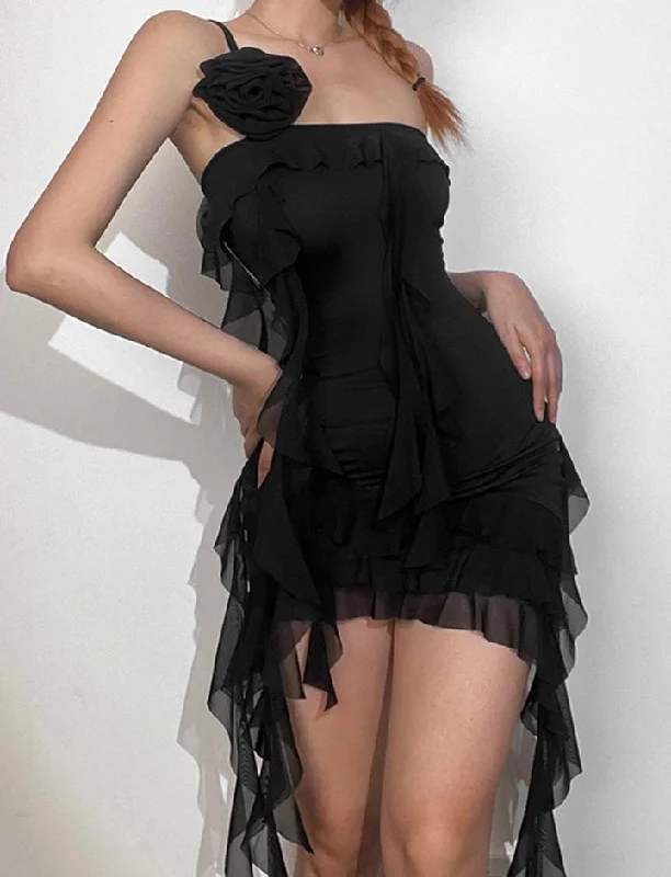 Flower Decor Ruffle Irregular Hem Prom Little Black Dress Monochrome unclassified dresses