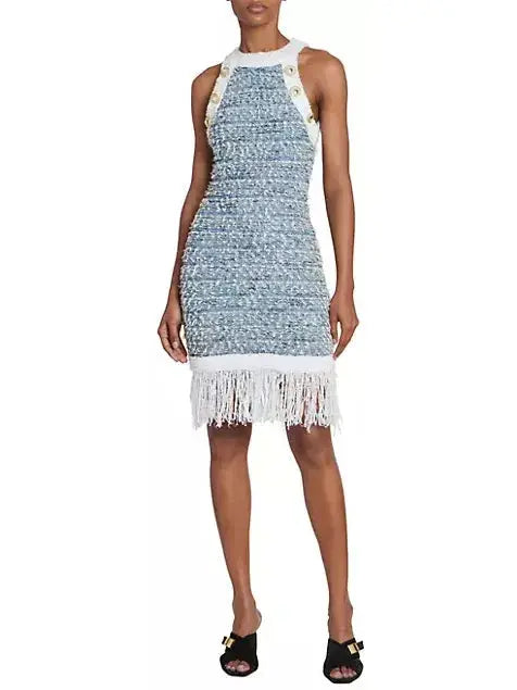 Fringed Tweed Halter-Dress Metallic unclassified dresses