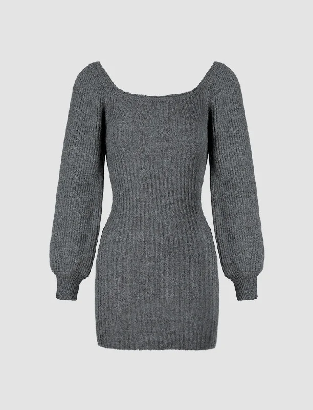 Gray Lantern Sleeve Knitted Dress Sexy unclassified dresses