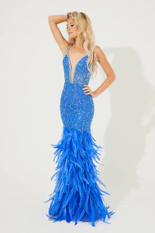 Jasz 7514 Plunge Neckline Open Back Sweep Train Beaded/Feathers Sheath Evening Dress Trendy unclassified dresses