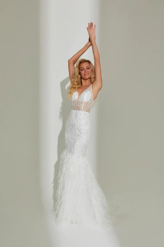 Jasz 7545 Plunge Neckline V-Open Back Sweep Train Beaded/Feathers Trumpet Evening Dress Cocktail unclassified dresses