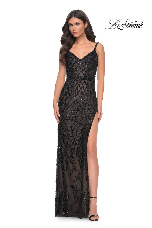 La Femme 32450 V-Neck Neckline Low Back High Slit Beaded Fitted Evening Dress Discounted unclassified dresses