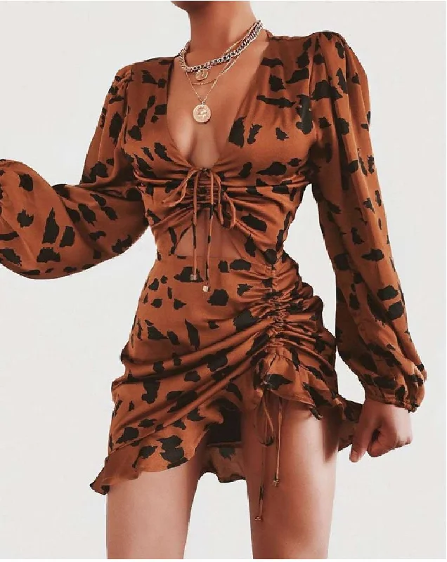 Leopard Drawstring Design Ruffles Dress High-end unclassified dresses