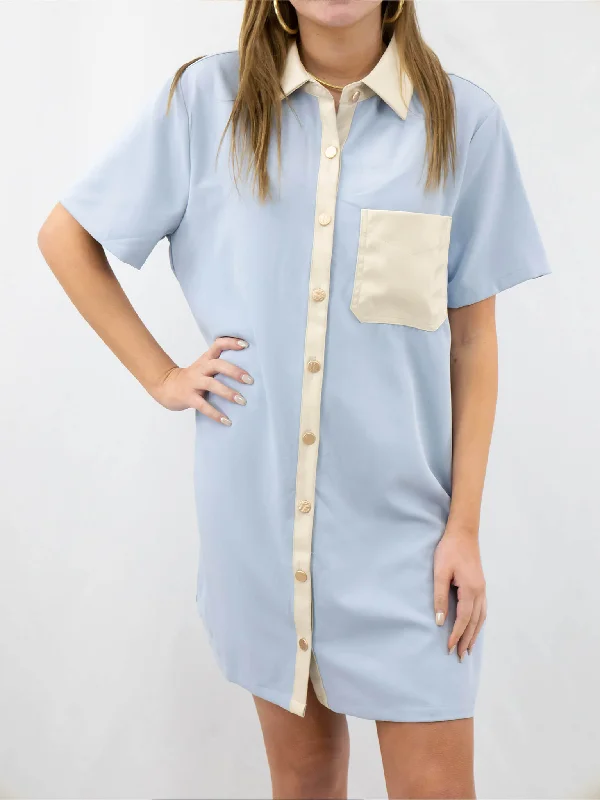 Light Blue and Cream Leather Detail Button Up Dress Metallic unclassified dresses