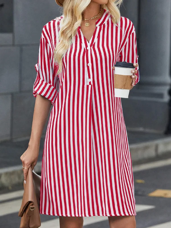 LUNE WOMEN V NECK STRIPED CASUAL HOLIDAY DRESS WITH ADJUSTABLE SLEEVE CUFFS AND DECORATIVE BUTTONS SPRING SUMMER Popular unclassified dresses