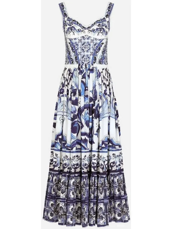 Majolica-Print Calf-Length Bustier Dress in Poplin Long unclassified dresses