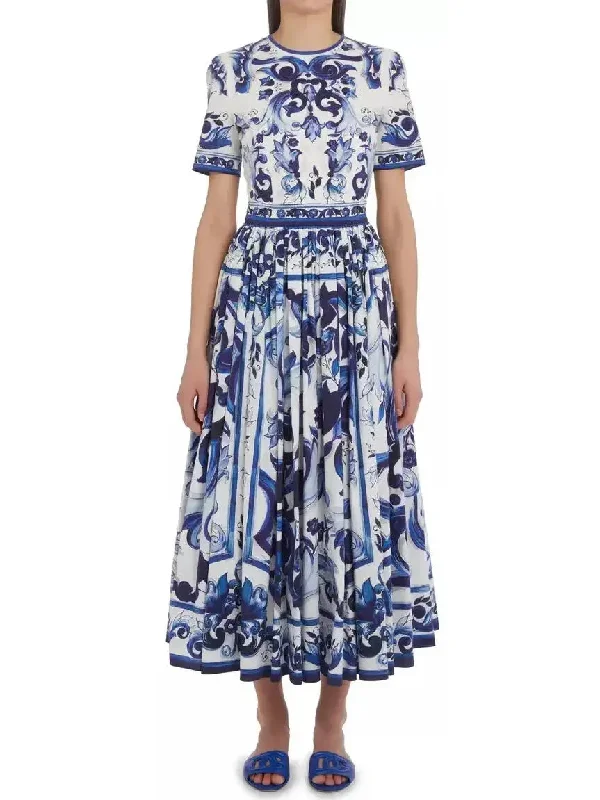 Majolica-Print Poplin Calf-Length Dress Off-shoulder unclassified dresses