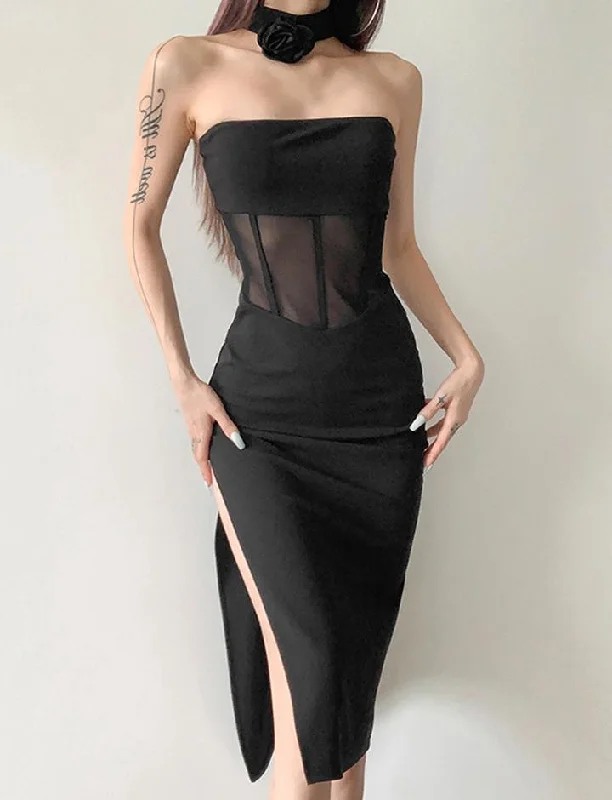 Mesh Patchwork Strapless Dress With Choker Backless unclassified dresses