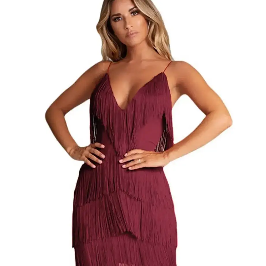 Sexy Tassel Backless V-Neck Dress A-line unclassified dresses