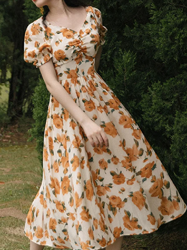 Orange Rose Sweet Heart Collar Puff Sleeve 1950S Vintage Dress Petite unclassified dresses