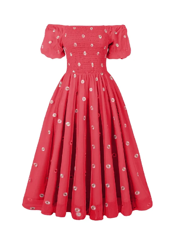 Red Daisy Off The Sleeve Smocking 1950S Vintage Dress Sleeveless unclassified dresses