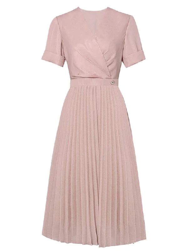 Pink V Neck Splicing High Waist Pleated 1950S Chiffon Dress Fall unclassified dresses