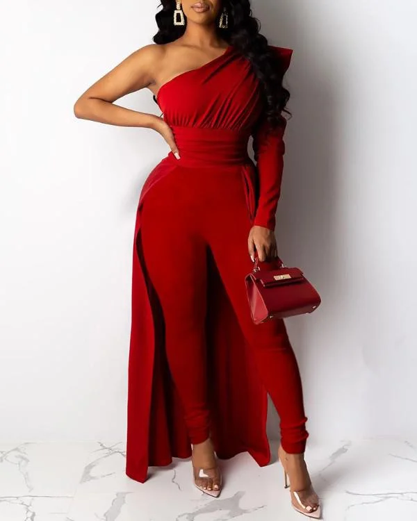 Plain One Shoulder Dip Hem Jumpsuit Cocktail unclassified dresses