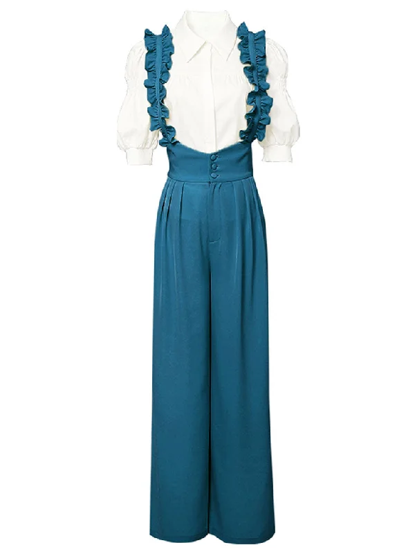 2PS Vintage Top And Blue Ruffles Pant Suit Office unclassified dresses