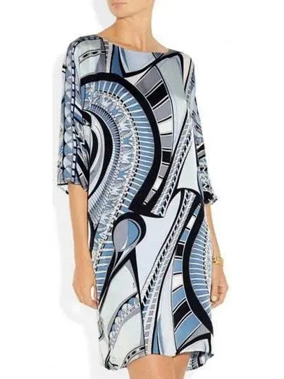 Printed Abstract Jersey Silk Tunic Dress in Blue Vacation unclassified dresses