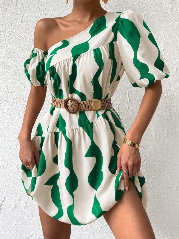 PRIV ALLOVER PRINT ASYMMETRICAL NECK PUFF SLEEVE RUFFLE HEM SMOCK DRESS Off-shoulder unclassified dresses