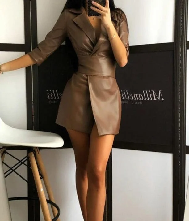 Pu leather suit collar leather jacket dress Budget-friendly unclassified dresses