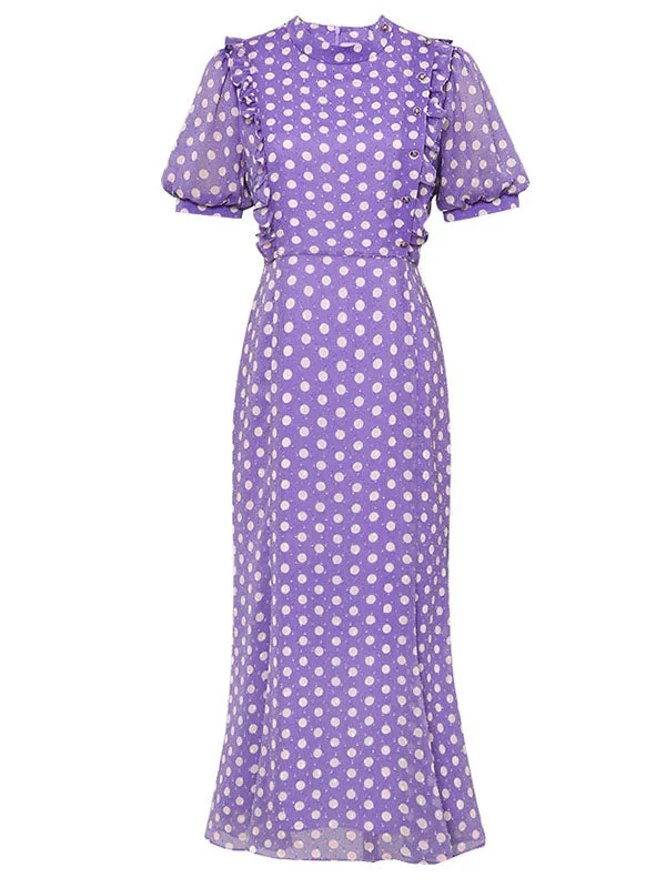 Purple Polka Dots Puff Sleeve Vintage Rapunzel Style Chiffon Dress Affordable unclassified dresses